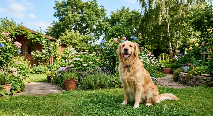 Foto eines Golden Retrievers in einem blühenden Garten