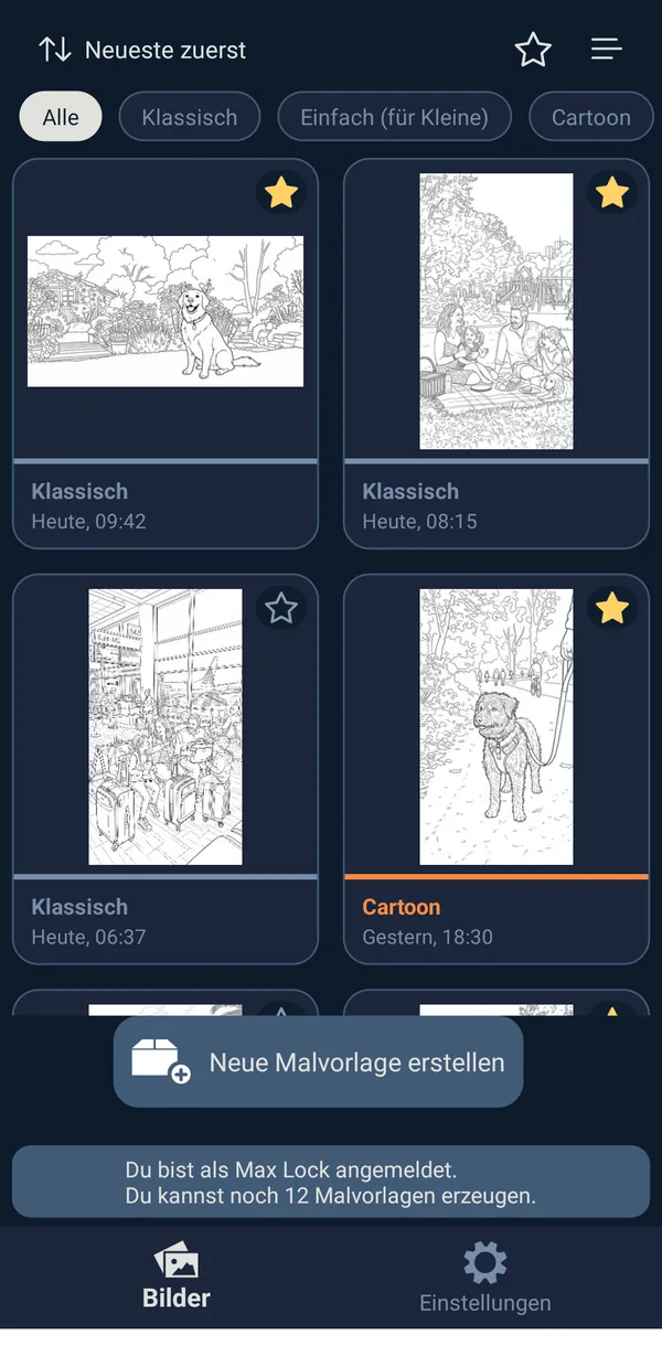 Rasteransicht der Sammlung mit Favoriten-Sternen und Stil-Angabe je Karte