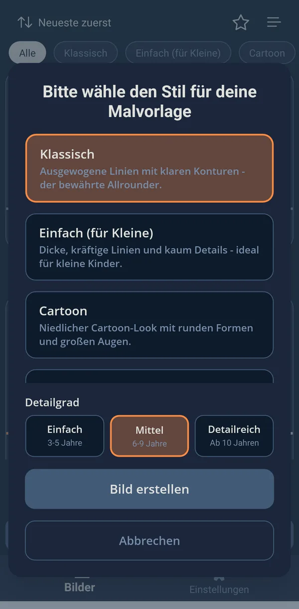 Stilauswahl in Lineify mit Klassisch, Einfach, Cartoon und der Detailgrad-Auswahl