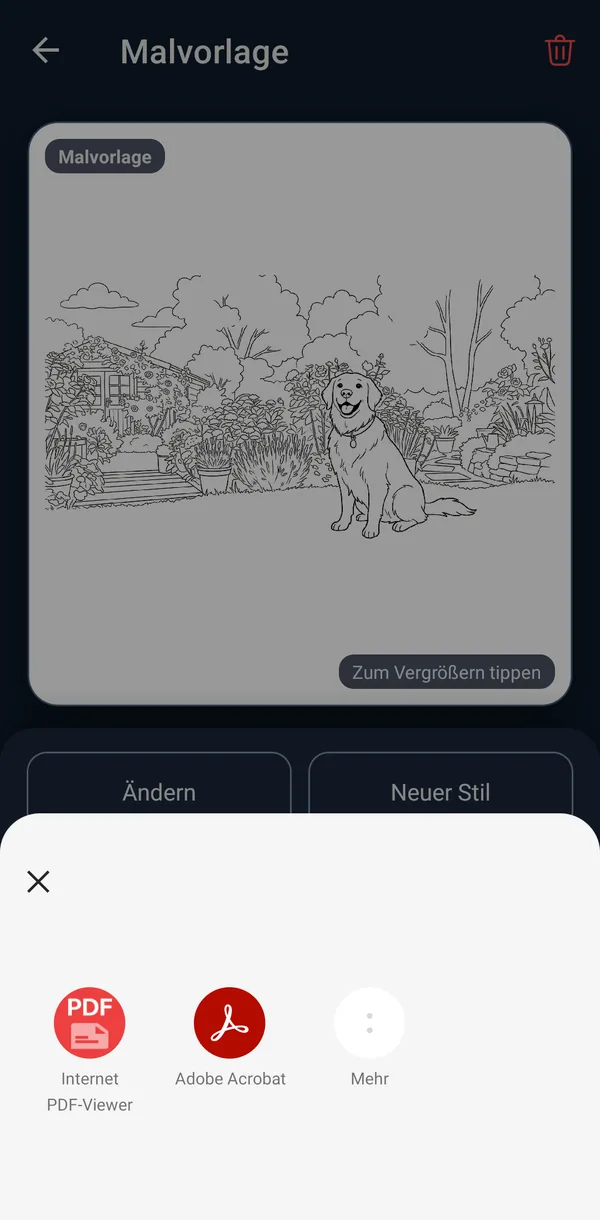 Die fertige Malvorlage wird als PDF an eine andere App weitergegeben